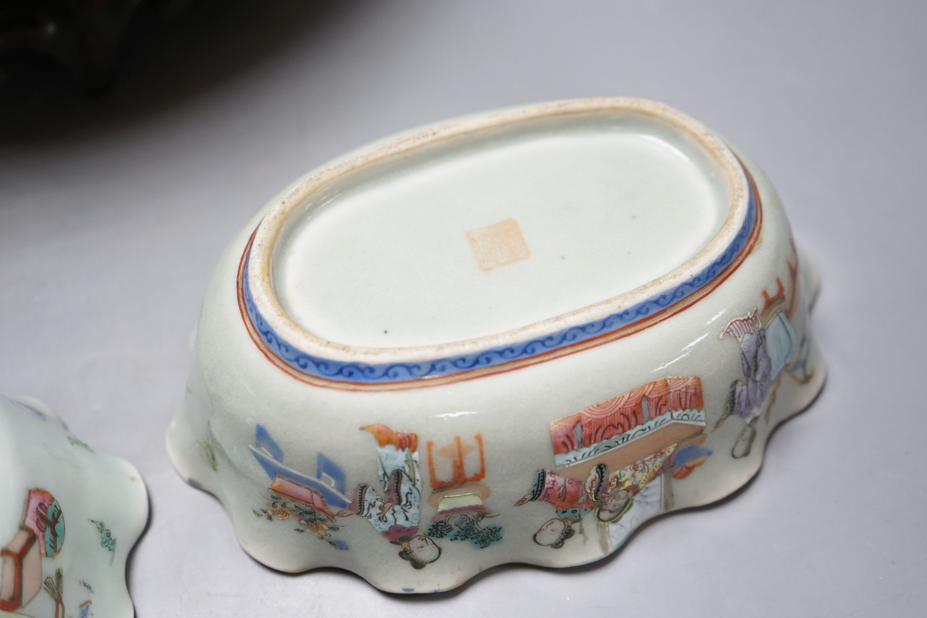 A large early 20th century Chinese cloisonné enamel ‘dragon’ bowl and two Chinese Tongzhi celadon ground famille rose bowls 31cm